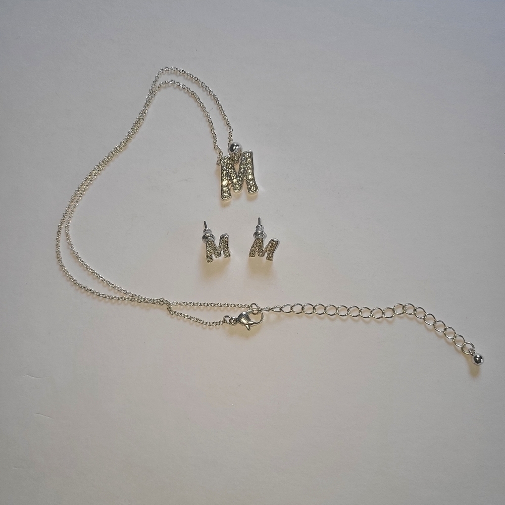 White Rhinestone Sterling Silver Letter M Stud Earrings & Necklace